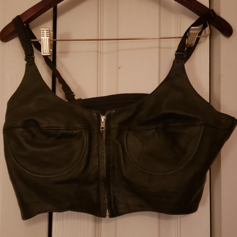 SALE! Black Leather Zip-Up Bra Top 20% off!
